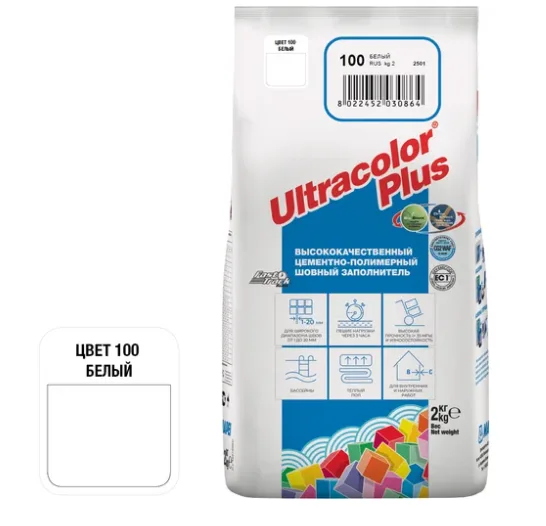 Затирка для плитки Mapei / Мапей Ultracolor Plus №100 белый 2 кг